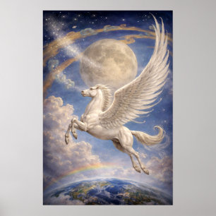 Pegasus Flying Between Earth And Moon Fantasy Art Poster