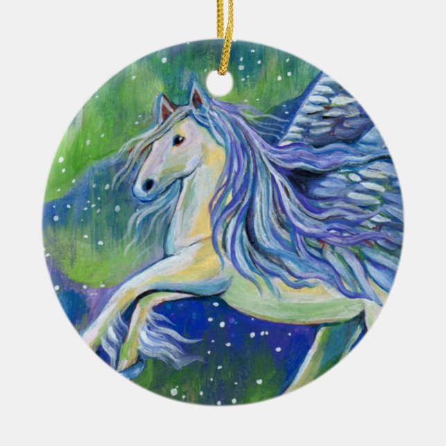Pegasus In Northern Light Ceramic Tree Decoration (Front)