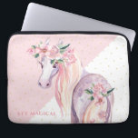 Pegasus inspired floral winged horse laptop sleeve<br><div class="desc">Magical floral pony. Pegasus inspired mythical winged divine horse,  with watercolor flower accents.
Sty magical optional text. Modern pink and white geometric background.</div>