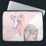 Pegasus inspired floral winged horse laptop sleeve<br><div class="desc">Magical floral pony. Pegasus inspired mythical winged divine horse,  with watercolor flower accents.
Sty magical optional text. Modern pink and white geometric background.</div>