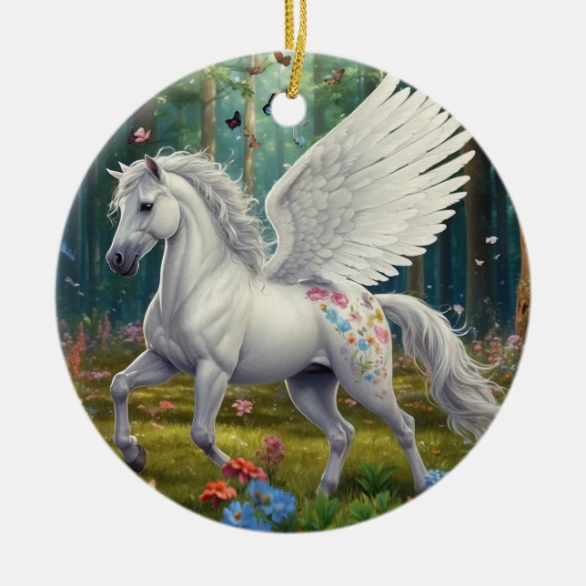Pegasus Mare in Springtime Ceramic Tree Decoration (Front)