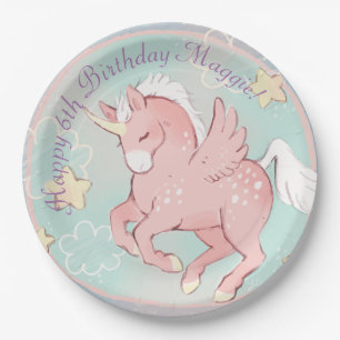 Pegasus Unicorn Whimsical fantasy Girl Paper Plate