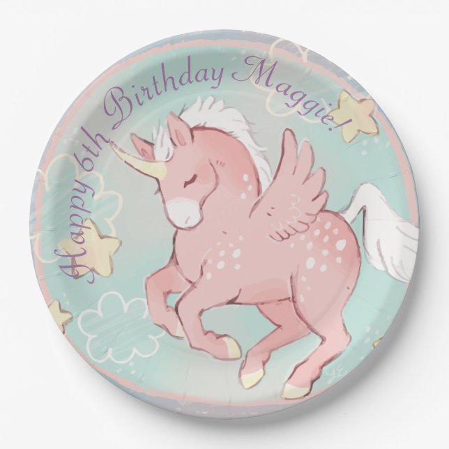 Pegasus Unicorn Whimsical fantasy Girl Paper Plate (Front)
