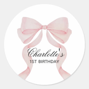 Pegatina Pink Bow Girl First Birthday Classic Round Sticker