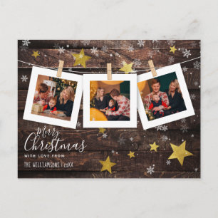 Pegged Photo Line Wood & Gold Christmas Holiday Postcard