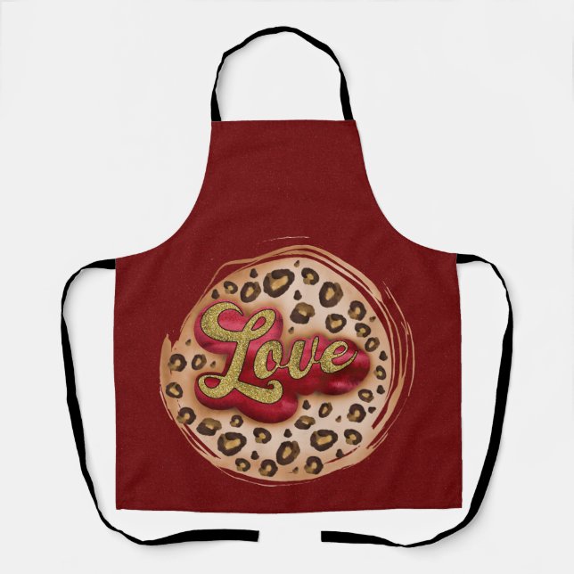 Peggy Ann Maroon Love Leppard Kitchen Apron (Front)