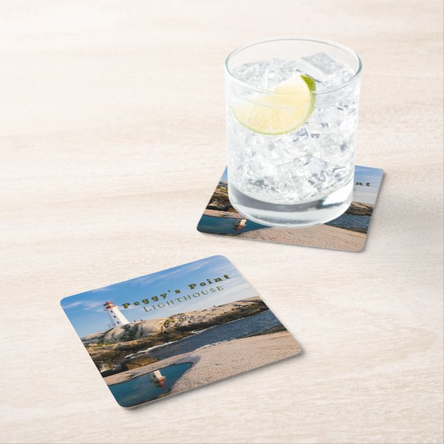 Peggys Point Lighthouse Atlantic Canada Square Paper Coaster (Insitu)
