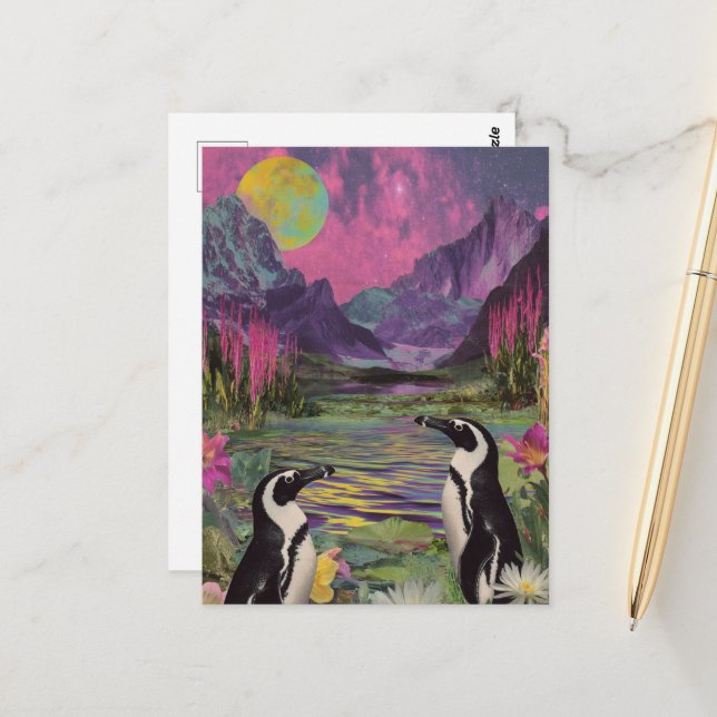 Peguins Surreal Mixed media  Postcard (Front/Back In Situ)