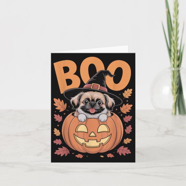 Peke Costume On Pumpkin Halloween Pekingese  Card (Front)