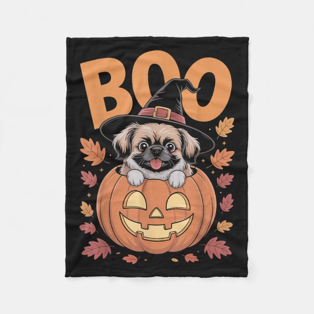 Peke Costume On Pumpkin Halloween Pekingese  Fleece Blanket (Front)