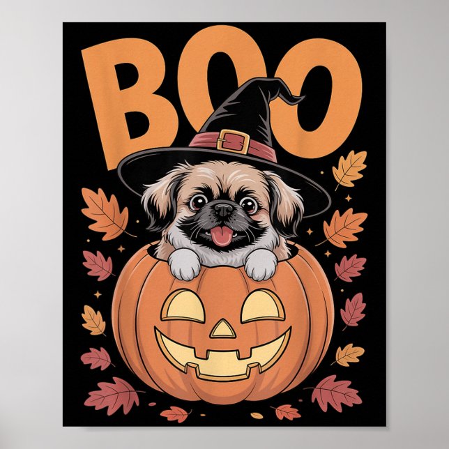 Peke Costume On Pumpkin Halloween Pekingese  Poster (Front)