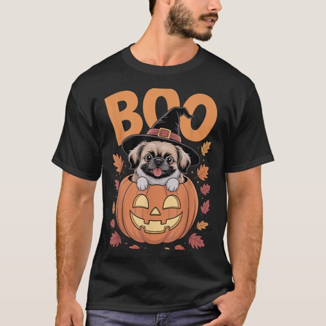 Peke Costume On Pumpkin Halloween Pekingese  T-Shirt (Front)