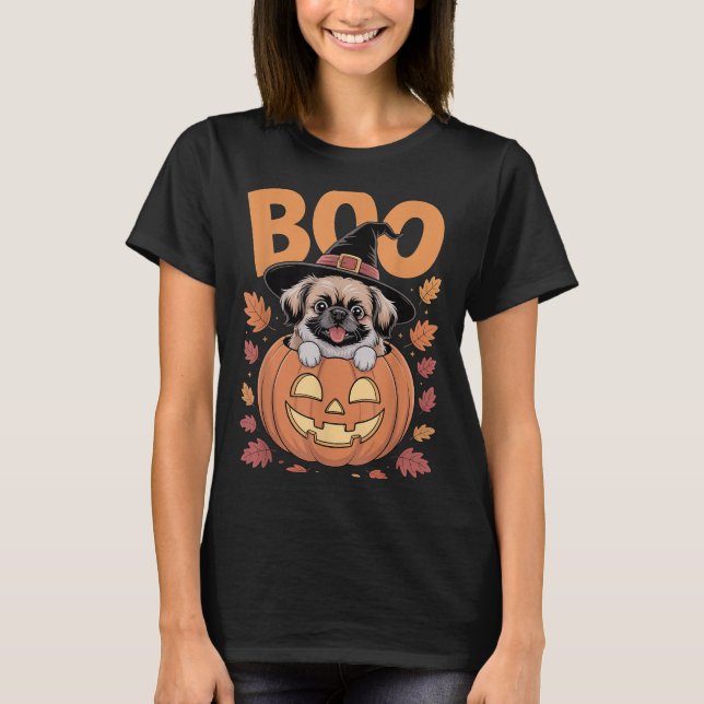 Peke Costume On Pumpkin Halloween Pekingese  T-Shirt (Front)