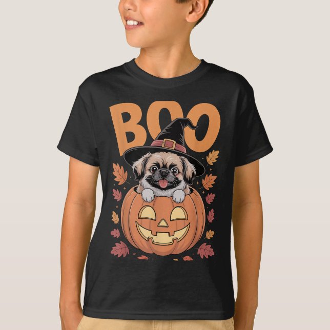 Peke Costume On Pumpkin Halloween Pekingese  T-Shirt (Front)