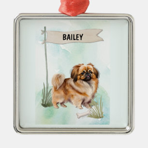 Pekinese Watercolor Personalised Dog Metal Tree Decoration