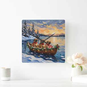 Pekingese Christmas Boat Holiday Square Wall Clock