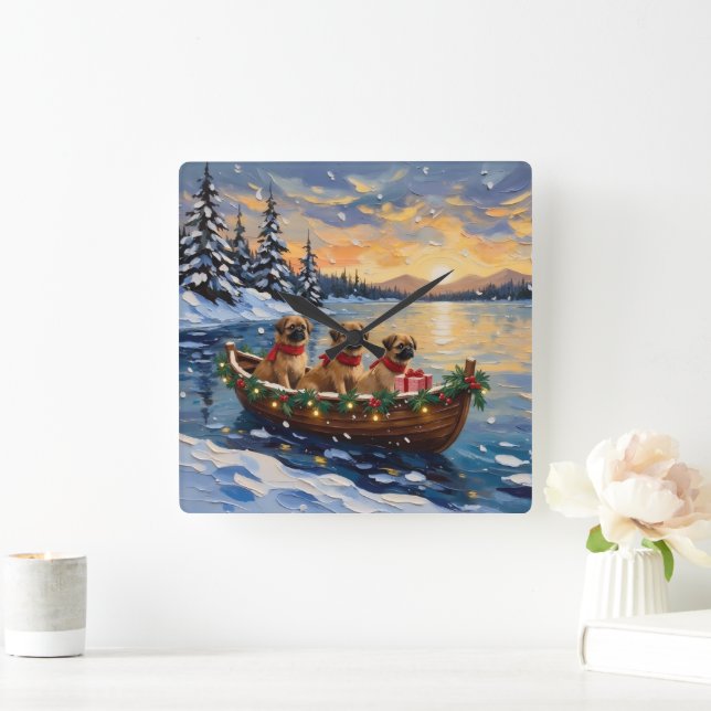 Pekingese Christmas Boat Holiday Square Wall Clock (Home)