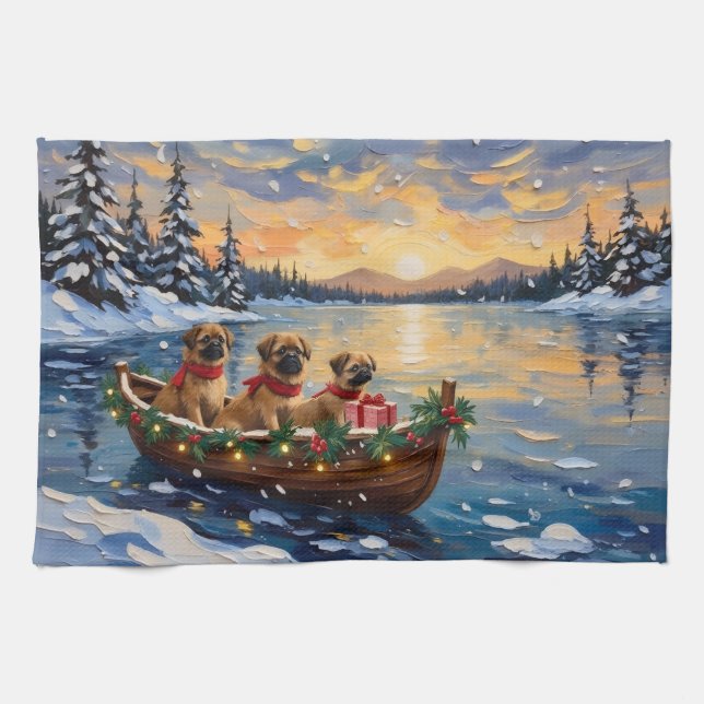Pekingese Christmas Boat Holiday Tea Towel (Horizontal)