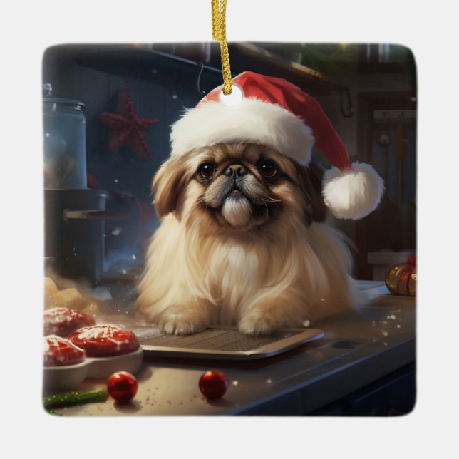 Pekingese Christmas Cookies Festive Holiday Ceramic Ornament (Front)