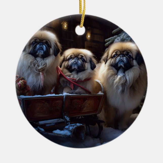 Pekingese Christmas Festive Season Ceramic Tree Decoration (Front)