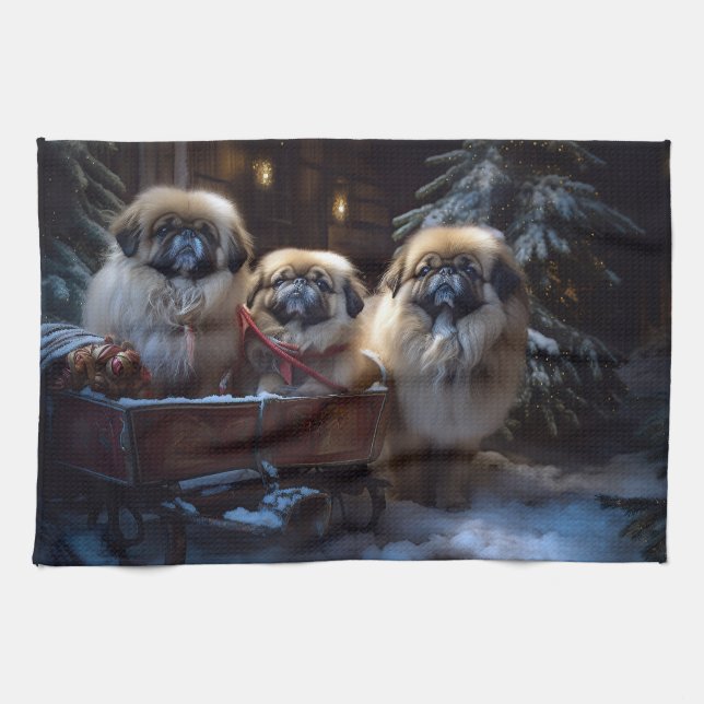 Pekingese Christmas Festive Season Tea Towel (Horizontal)
