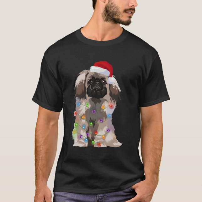 Pekingese Christmas Lights Xmas Dog Lover Santa Ha T-Shirt (Front)