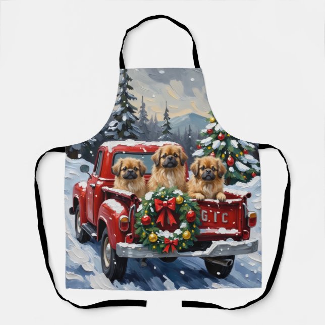 Pekingese Christmas Red Truck Holiday Apron (Front)