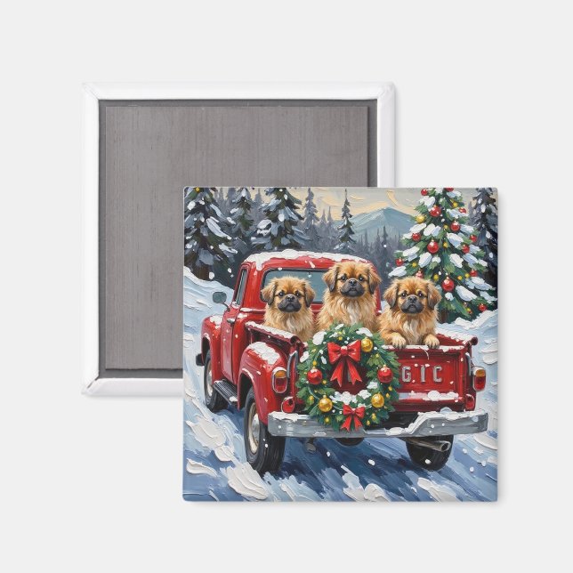 Pekingese Christmas Red Truck Holiday Magnet (Front/Back)