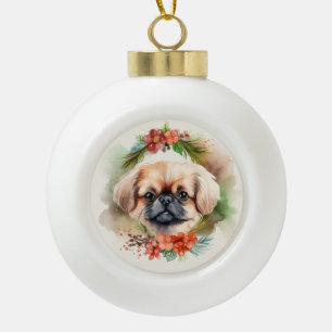 Pekingese Christmas Wreath Festive Pup Ceramic Ball Christmas Ornament