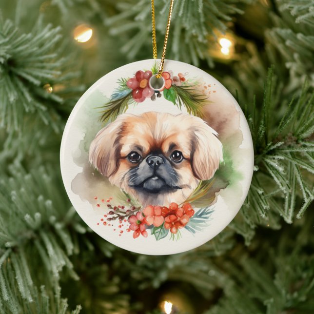 Pekingese Christmas Wreath Festive Pup  Ceramic Tree Decoration (Tree)
