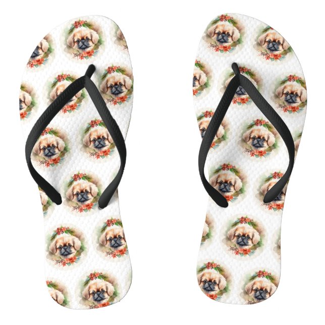 Pekingese Christmas Wreath Festive Pup  Flip Flops (Footbed)