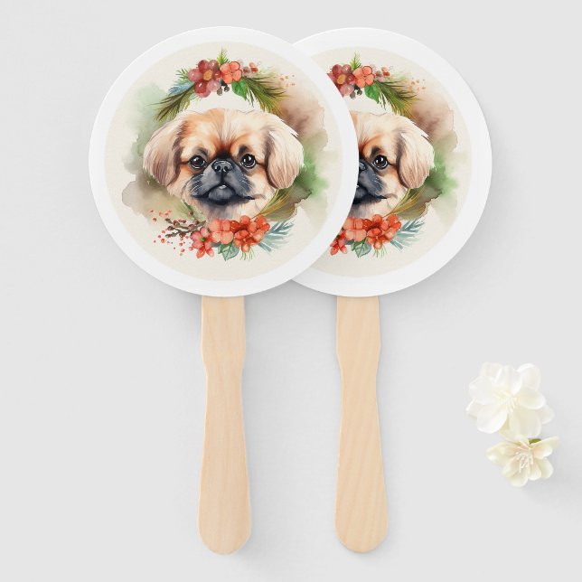 Pekingese Christmas Wreath Festive Pup  Hand Fan (Front and Back)