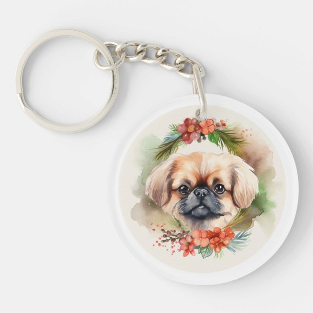 Pekingese Christmas Wreath Festive Pup  Key Ring (Front)