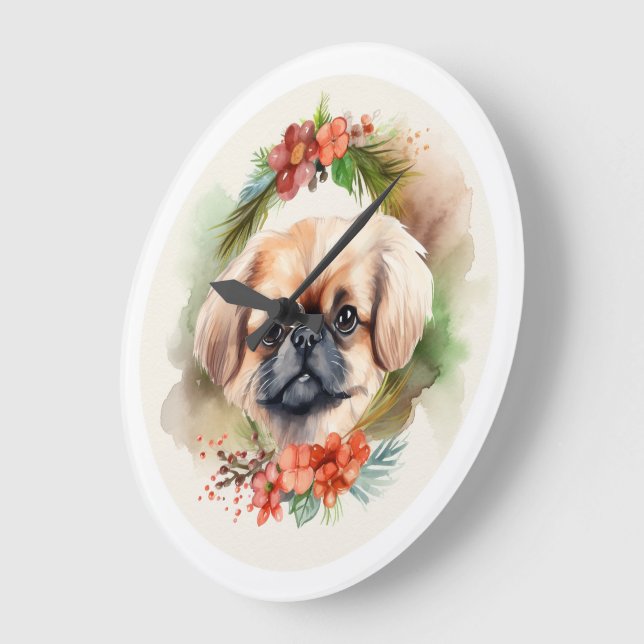 Pekingese Christmas Wreath Festive Pup  Large Clock (Angle)