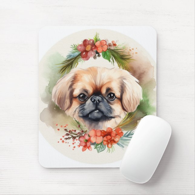 Pekingese Christmas Wreath Festive Pup  Mouse Mat (With Mouse)