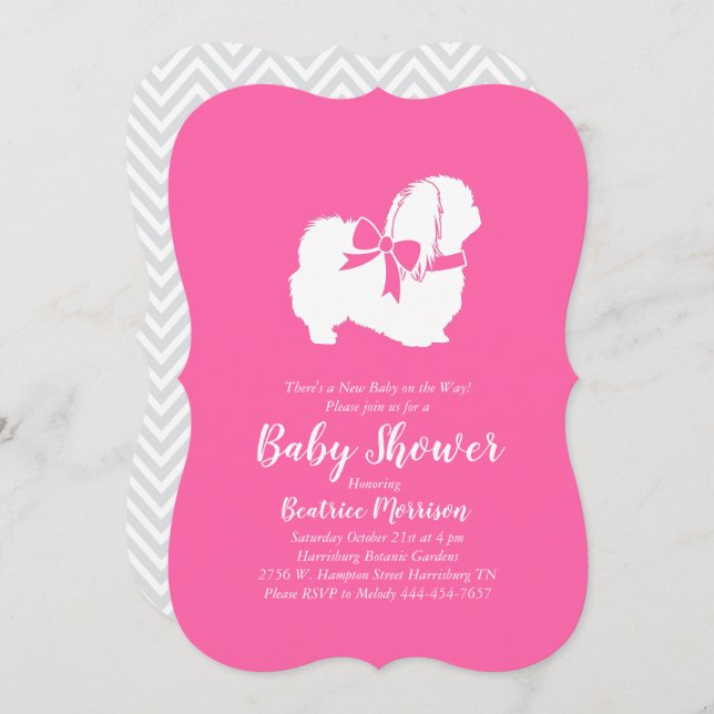 Pekingese Dog Baby Shower Girl Pink Invitation (Front/Back)