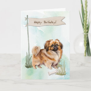 Pekingese Dog Breed Outdoors Under Birthday Sign Card