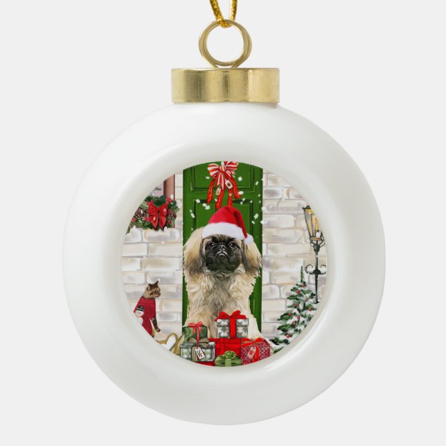Pekingese Dog Christmas Ceramic Ball Christmas Ornament (Front)