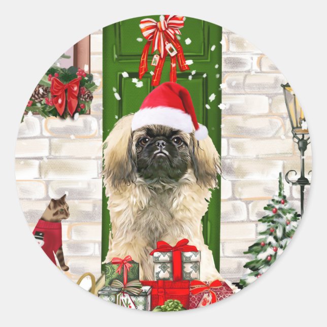 Pekingese Dog Christmas  Classic Round Sticker (Front)