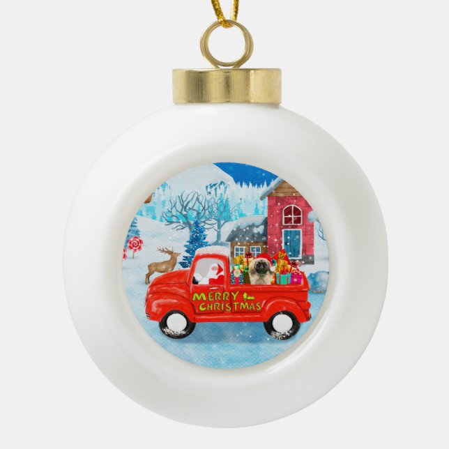 Pekingese Dog Christmas Delivery Truck Snow   Ceramic Ball Christmas Ornament (Front)