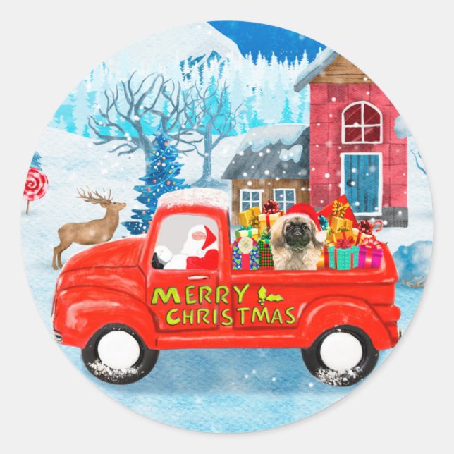 Pekingese Dog Christmas Delivery Truck Snow Classic Round Sticker (Front)