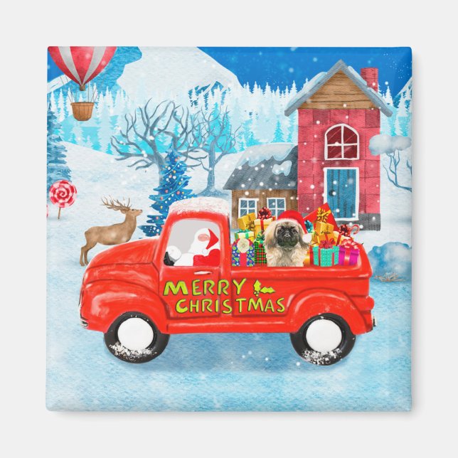 Pekingese Dog Christmas Delivery Truck Snow Magnet (Front)