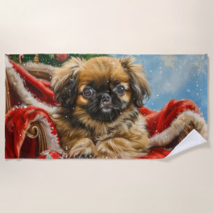 Pekingese Dog Christmas Festive Beach Towel
