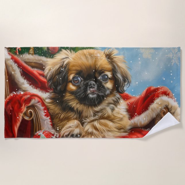 Pekingese Dog Christmas Festive Beach Towel (Front)