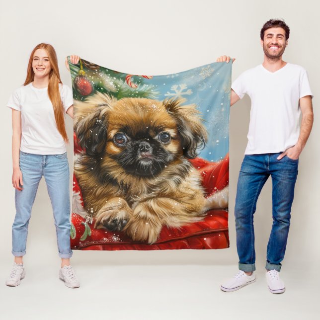 Pekingese Dog Christmas Festive Fleece Blanket (In Situ)