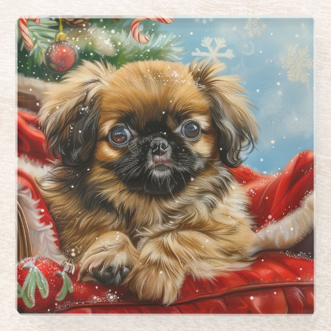 Pekingese Dog Christmas Festive Glass Coaster (Front)