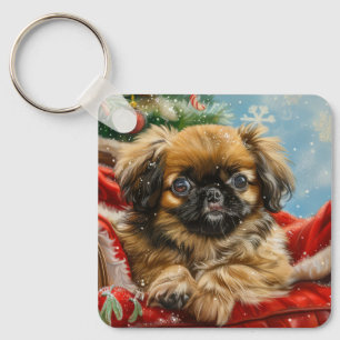 Pekingese Dog Christmas Festive Key Ring