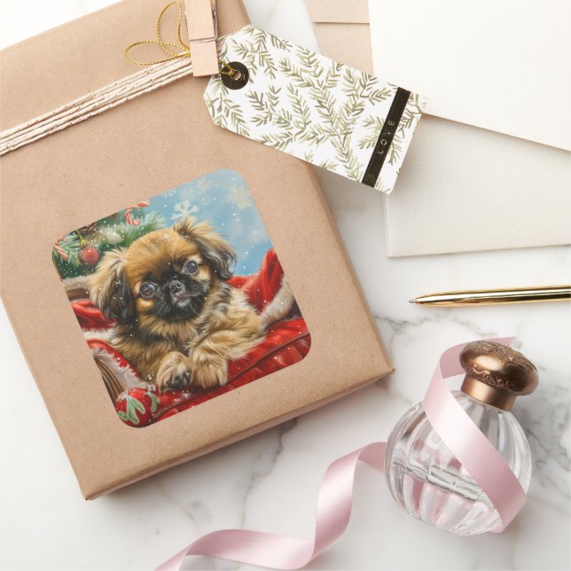 Pekingese Dog Christmas Festive Square Sticker (Gifting)