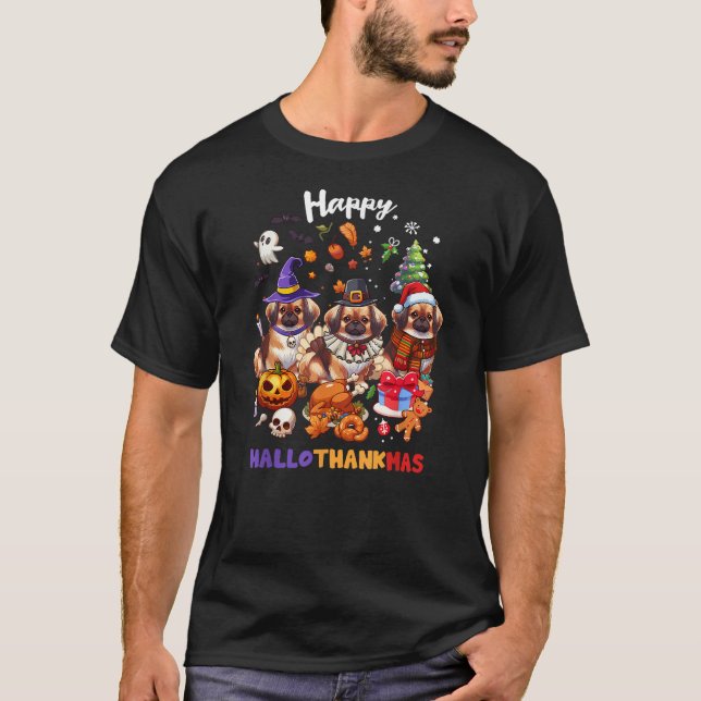Pekingese Dog Christmas Happy Hallothankmas Dog Th T-Shirt (Front)