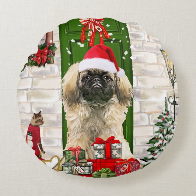 Pekingese Dog Christmas Round Cushion (Front)